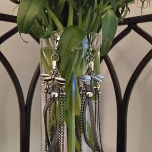 Handmade Gunmetal and Leather Dragonfly Earrings